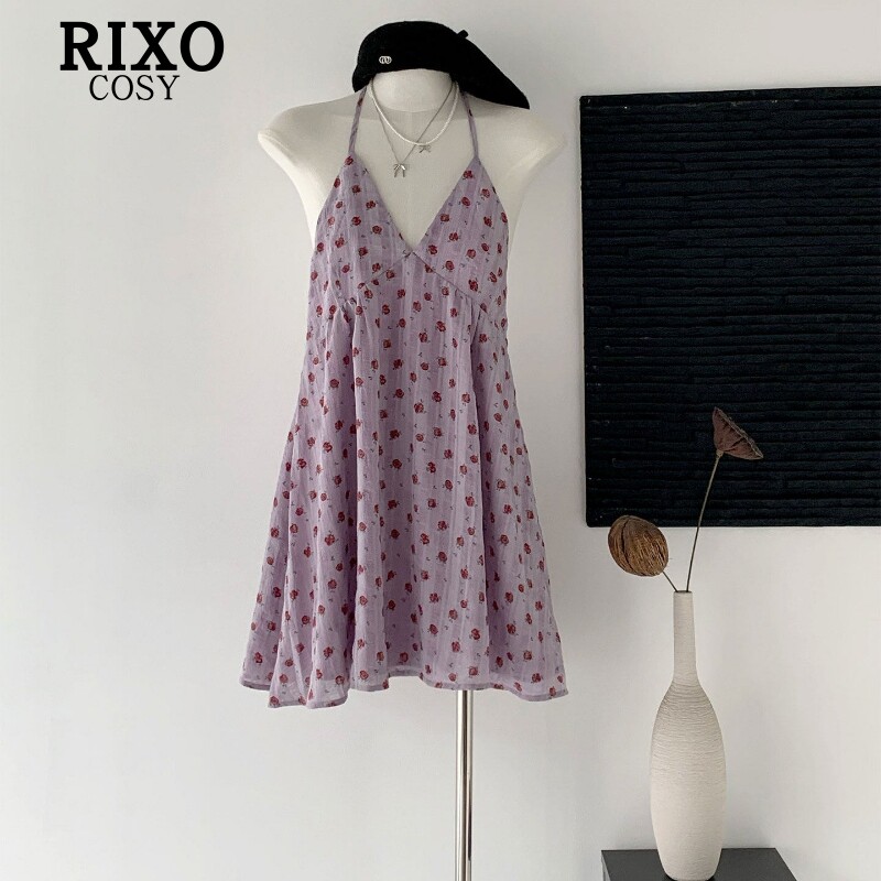 RIXO COSY露背挂脖甜美夏季紫色碎花无袖背心上衣中长款连衣裙女