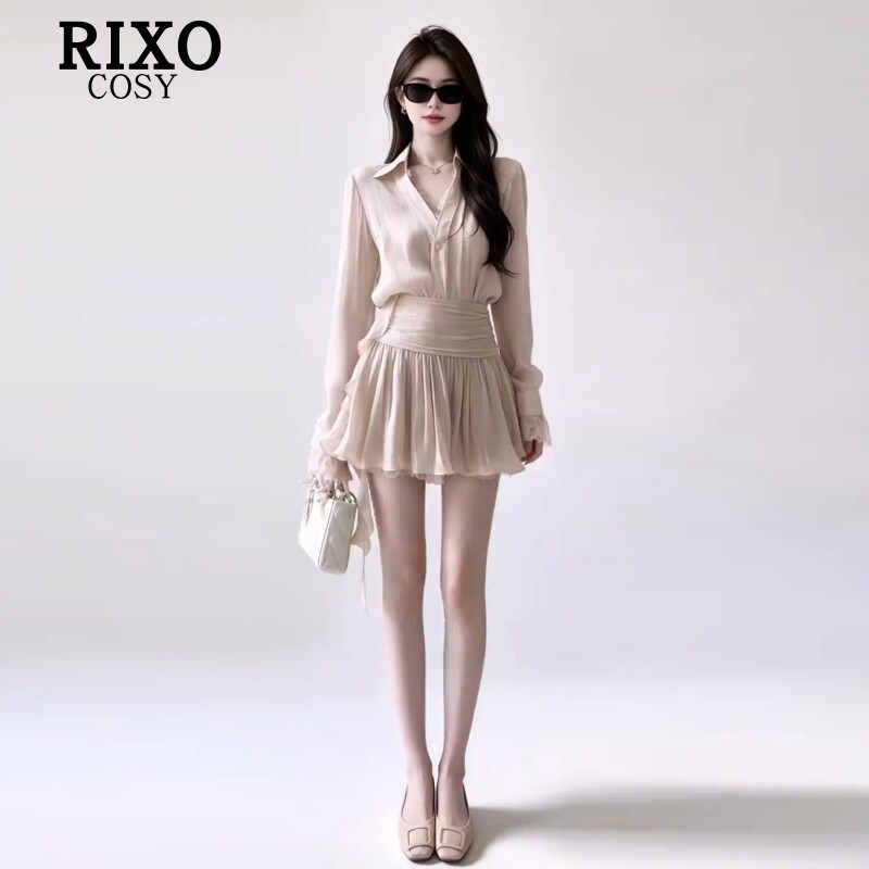 RIXO COSY粉色长袖衬衫半身连衣裙女巨好看穿搭套装短裙早秋新款