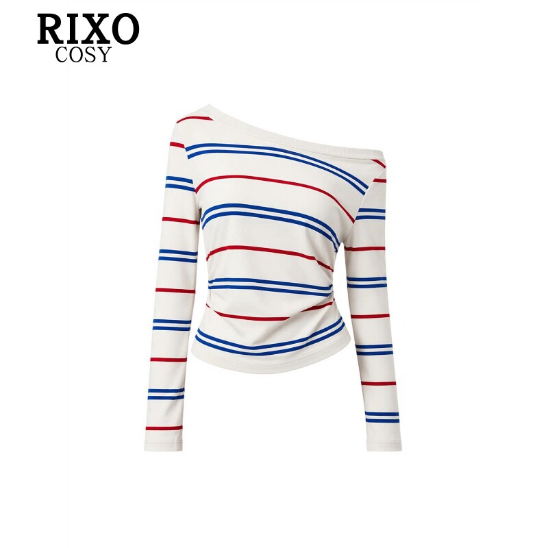 RIXO COSY简约休闲风撞色条纹斜肩露肩长袖上衣女秋季设计感内搭