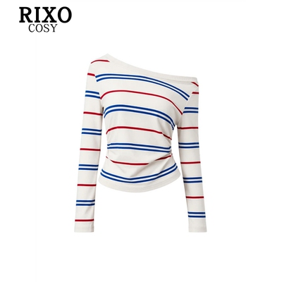 RIXO COSY简约休闲风撞色条纹斜肩露肩长袖上衣女秋季设计感内搭