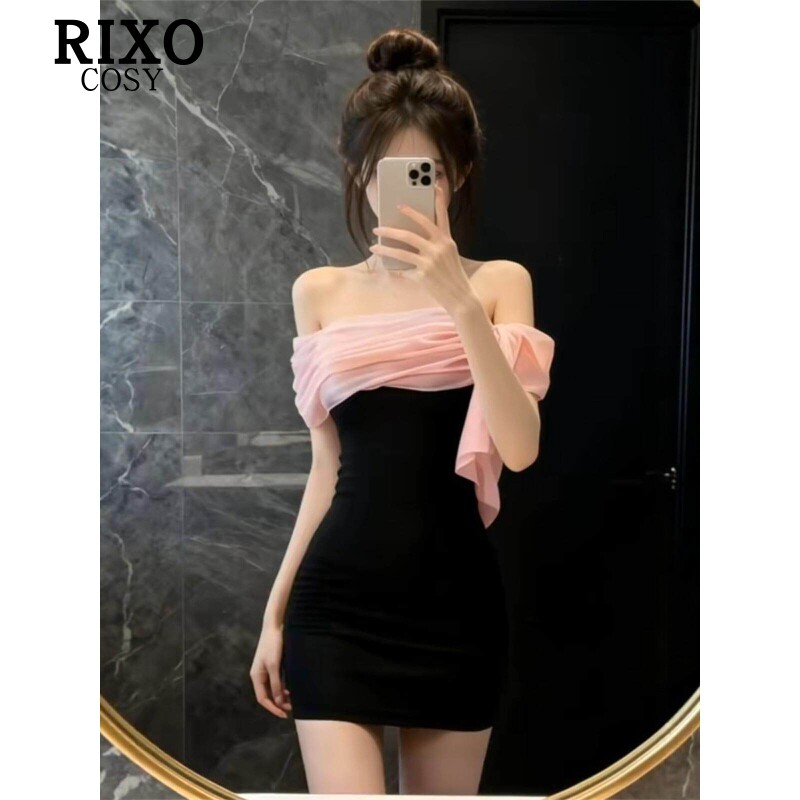 RIXO COSY纯欲风辣妹性感撞色一字肩抹胸连衣裙女夏小众显瘦短裙