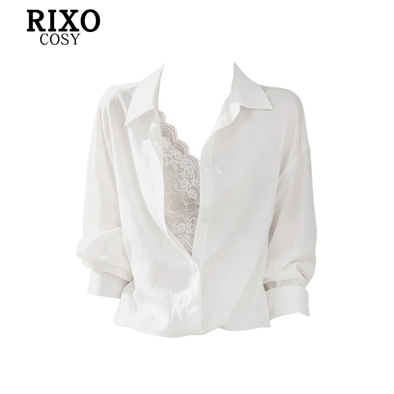RIXO COSY纯欲风性感假两件蕾丝拼接衬衫女秋季小众百搭长袖衬衣