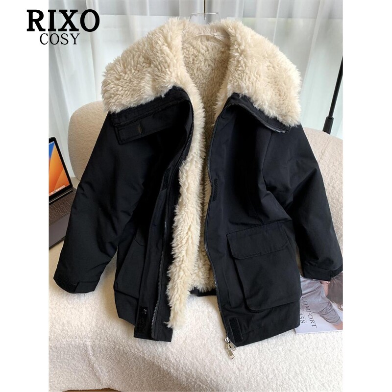 RIXO COSY大翻领韩版加厚皮毛一体羊羔毛外套女冬短款工装派克服