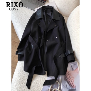 RIXO COSY中长款小个子腰带黑色风衣女秋季翻领拼接显瘦休闲外套