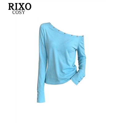 RIXO COSY美式设计感铆钉斜肩长袖T恤女秋季蓝色露肩气质辣妹上衣
