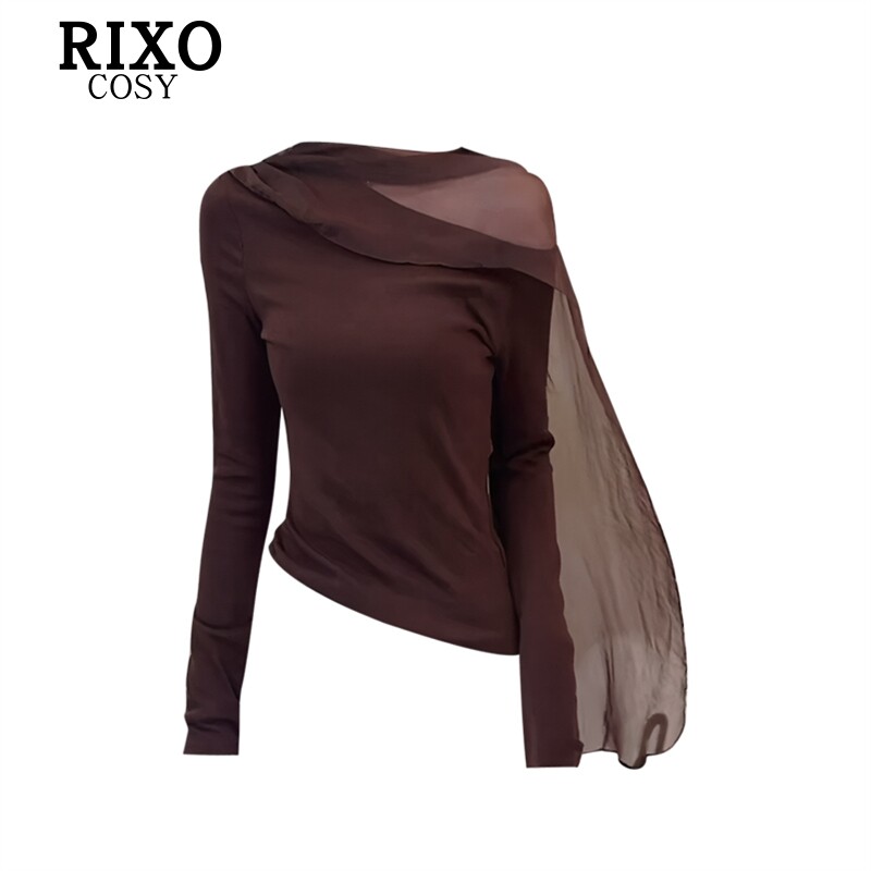 RIXO COSY复古美拉德斜肩露肩网纱飘带针织衫女早秋修身显瘦上衣