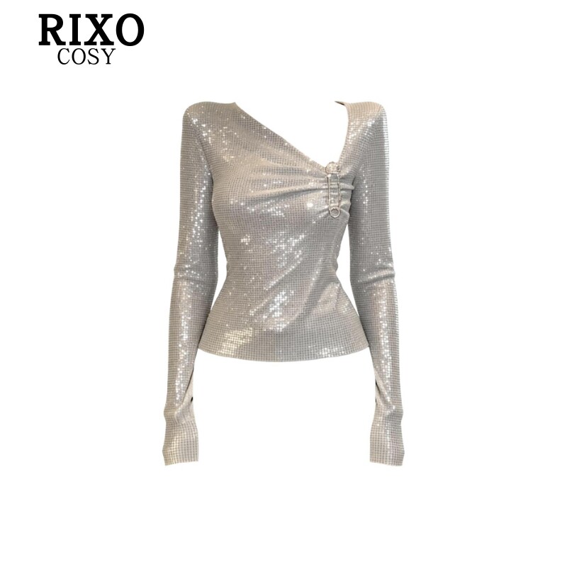 RIXO COSY小众别针装饰银闪钻斜领镂空长袖上衣设计感修身显瘦T恤