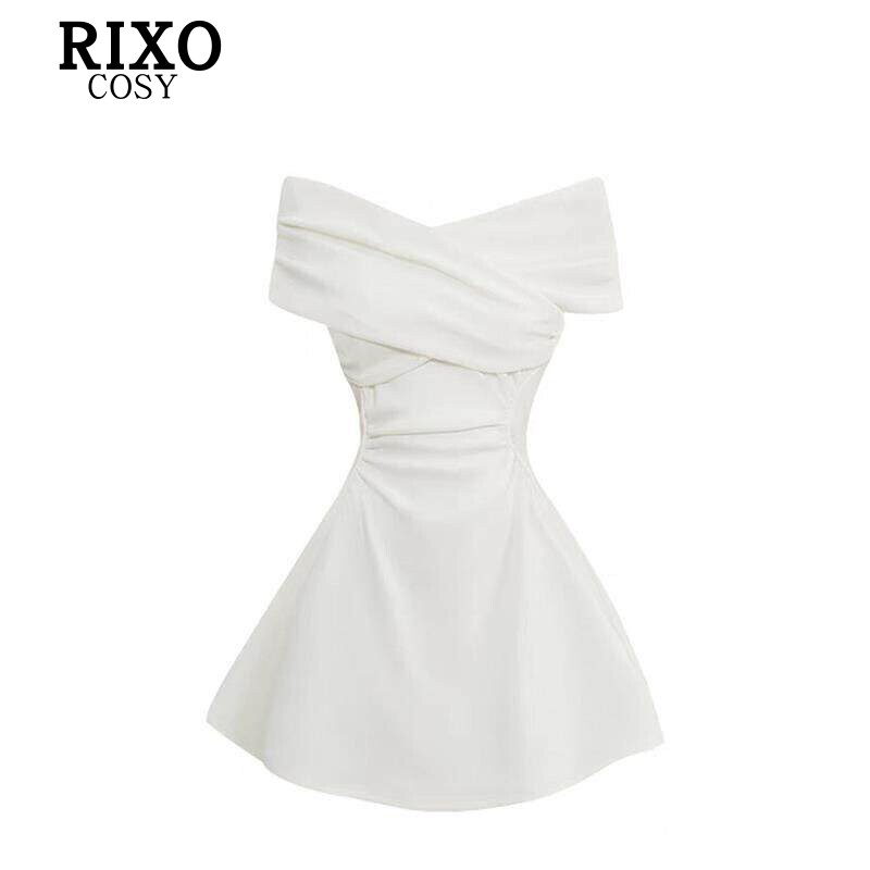 RIXO COSY法式气质交叉V领白色连衣裙女甜美减龄短款A字露肩长裙