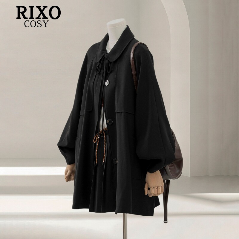 RIXO COSY黑色娃娃领风衣外套女中长款秋季高级气质宽松显瘦大衣