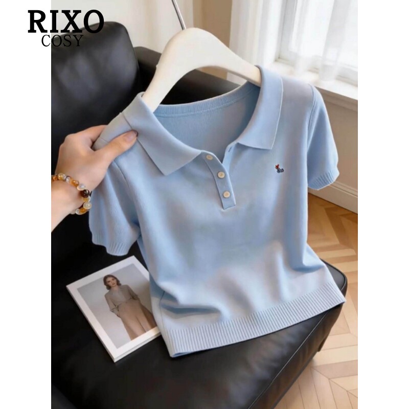 RIXO COSY学院风气质polo领蓝色短袖T恤女夏季款辣妹百搭修身上衣