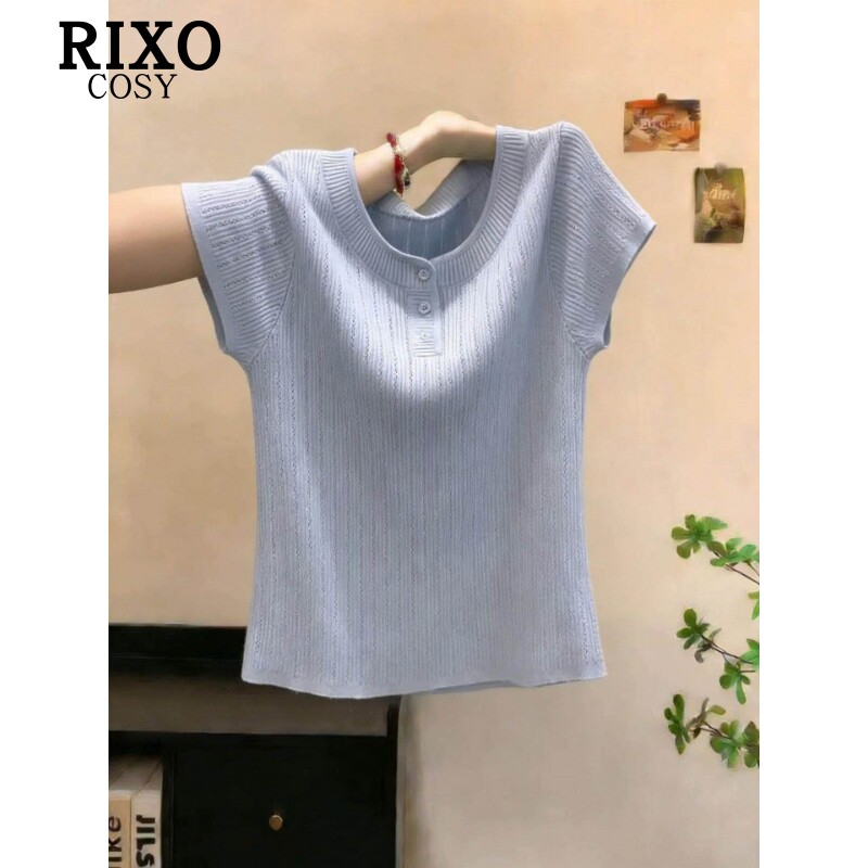 RIXO COSY软糯蓝色针织衫短袖舒适轻薄上衣2026夏套头减龄打底衫