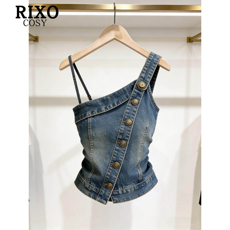 RIXO COSY设计感小众蓝色牛仔吊带上衣夏洋气高端精致修身衬衫女