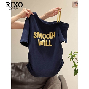 RIXO COSY藏蓝色斜肩露肩短袖女t恤夏设计感撞色肩带褶皱收腰上衣