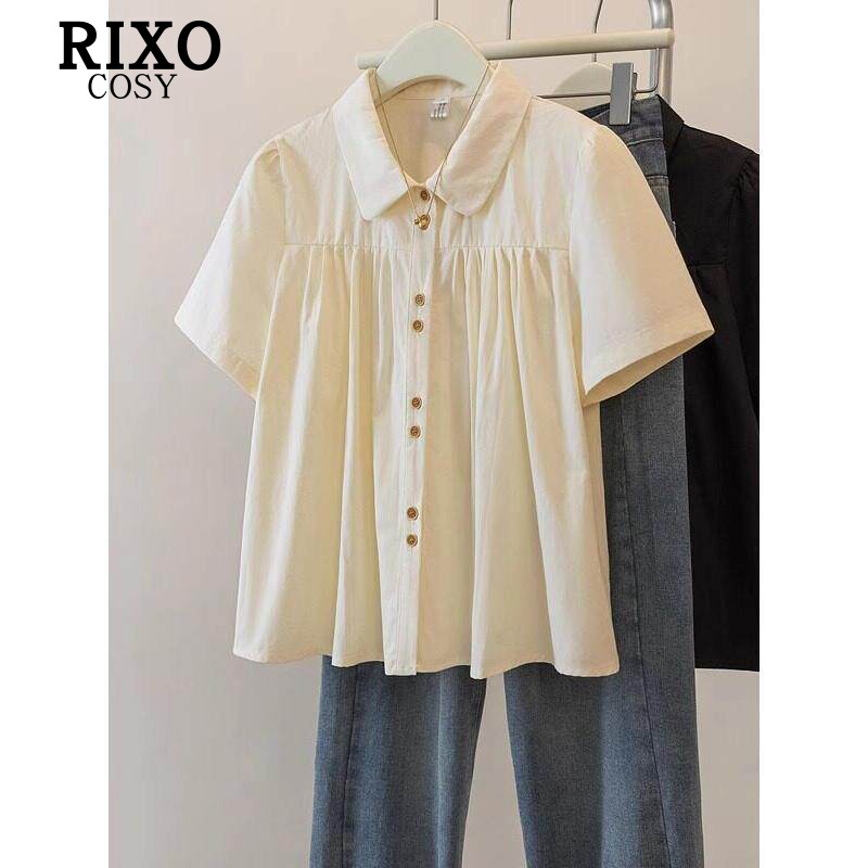 RIXO COSY法式正肩短袖衬衫夏大码女装胖mm遮肚子显瘦娃娃衫上衣
