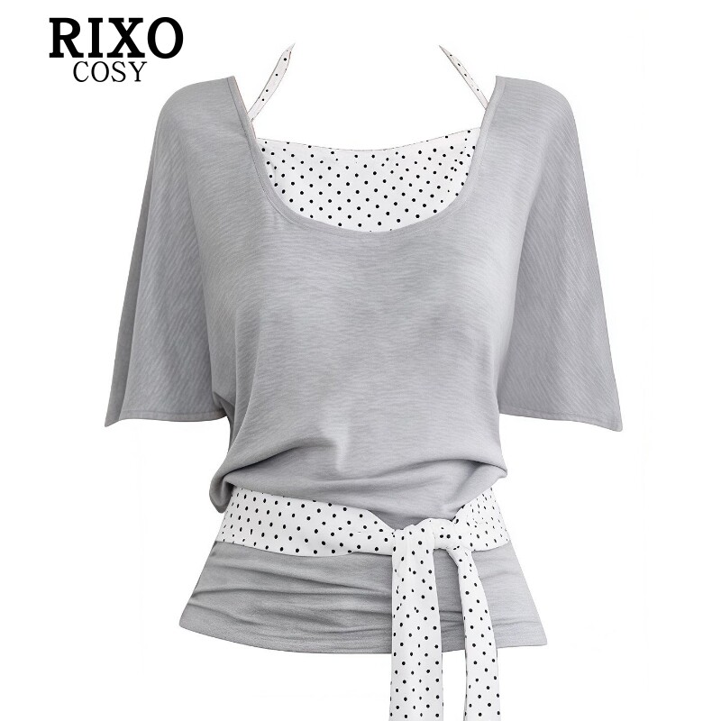 RIXO COSY辣妹风撞色波点挂脖露肩短袖上衣女夏复古系带挂领上衣