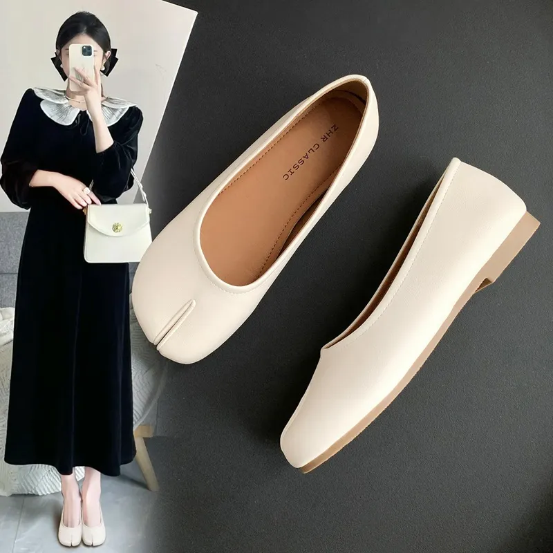 夏季新款外穿休闲平底浅口法式猪蹄鞋软底女鞋分趾豆豆鞋配裙