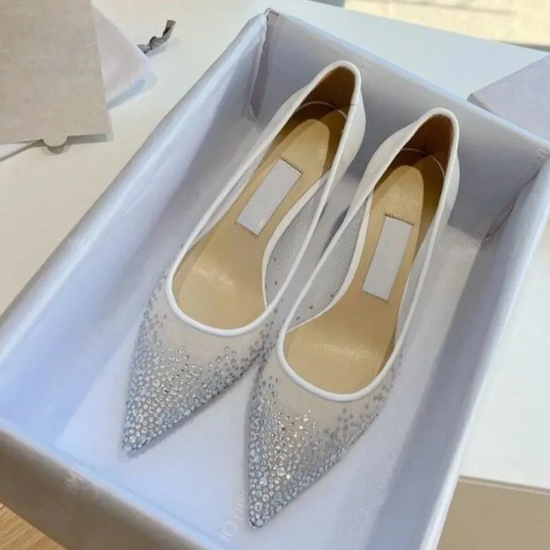 JC水钻婚鞋女2024新款透明网纱烫钻水晶鞋尖头仙女细跟高跟鞋女