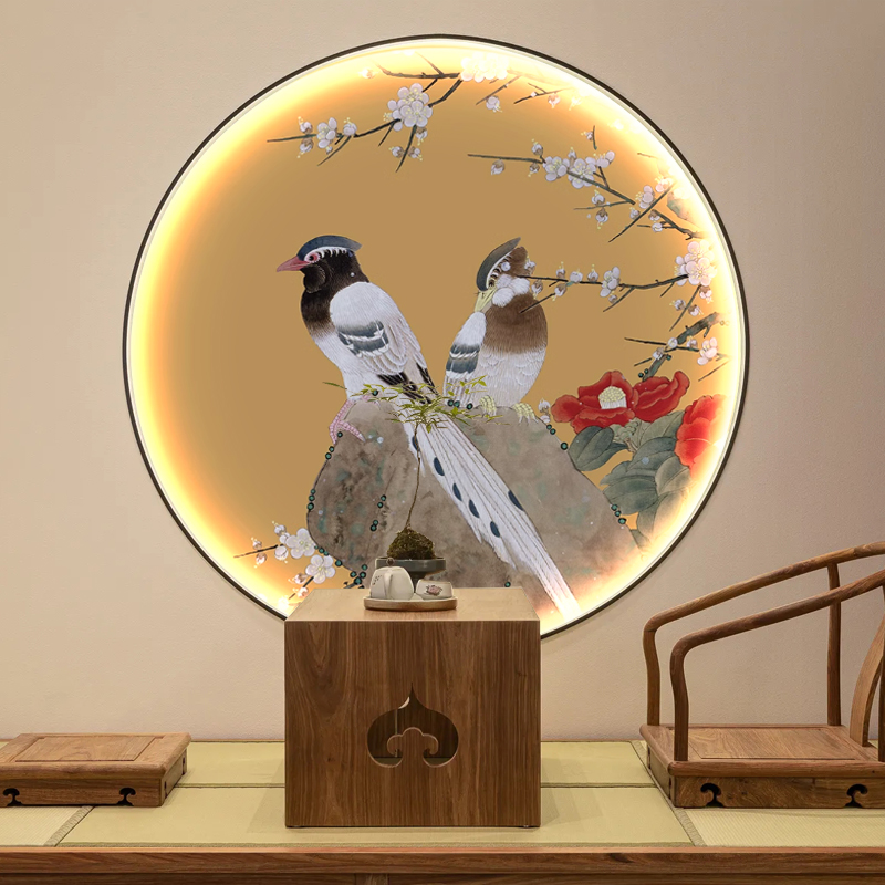 新中式圆形玄关装饰画花鸟客厅走廊过道茶室饭店壁画壁纸墙纸墙布图片