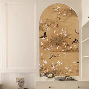 中古风复古壁画弧形玄关装饰画新中式高级感百蝶图沙发背景墙定制