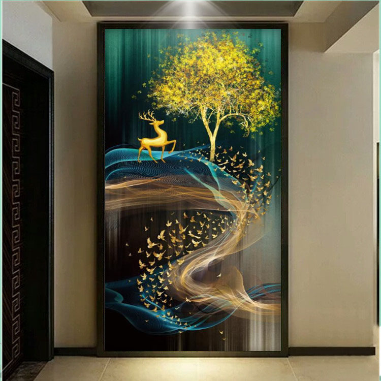 生财有鹿新中式玄关客厅背景墙走廊书房墙壁画玄关过道发财鹿墙纸