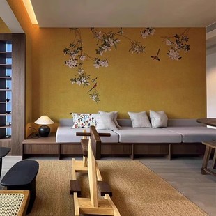 中式金箔花鸟壁纸复古法式中古风客厅餐厅定制背景墙壁纸墙布