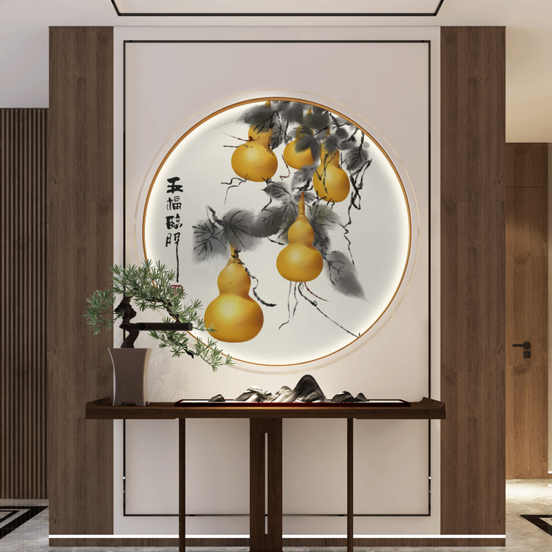五福临门入户玄关装饰画新中式圆形餐厅葫芦客厅茶室壁画壁纸墙纸图片