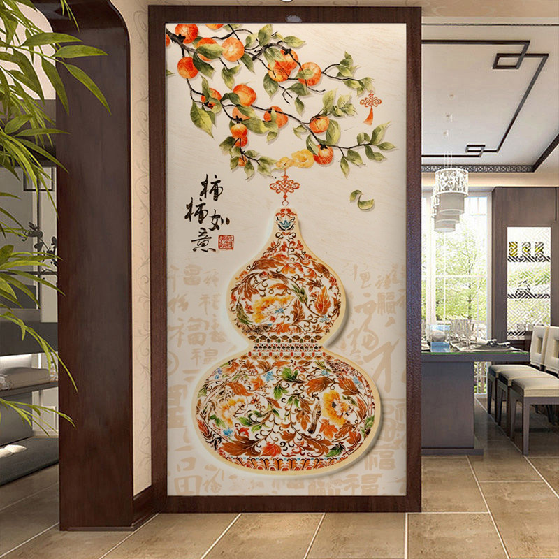 花瓶葫芦新中式入户玄关装饰画福禄吉祥图客厅正对门过道墙纸壁画