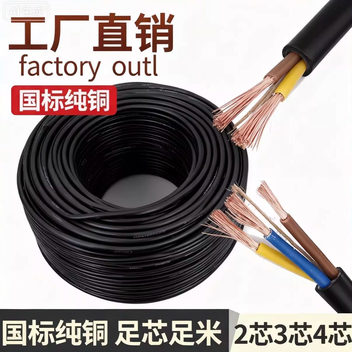 珠江国标纯铜软电缆防冻2345芯1/1.5/2.5/4/6电源线延长护套线