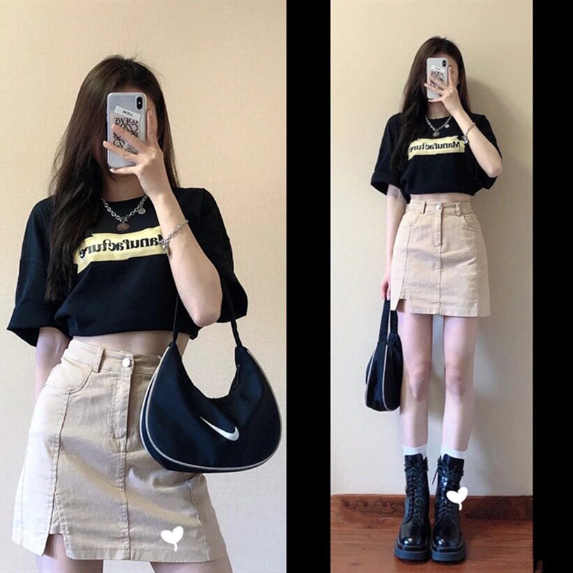 可盐可甜酷女孩洋气穿搭夏季短袖t恤上衣御姐牛仔短裙子两件套装
