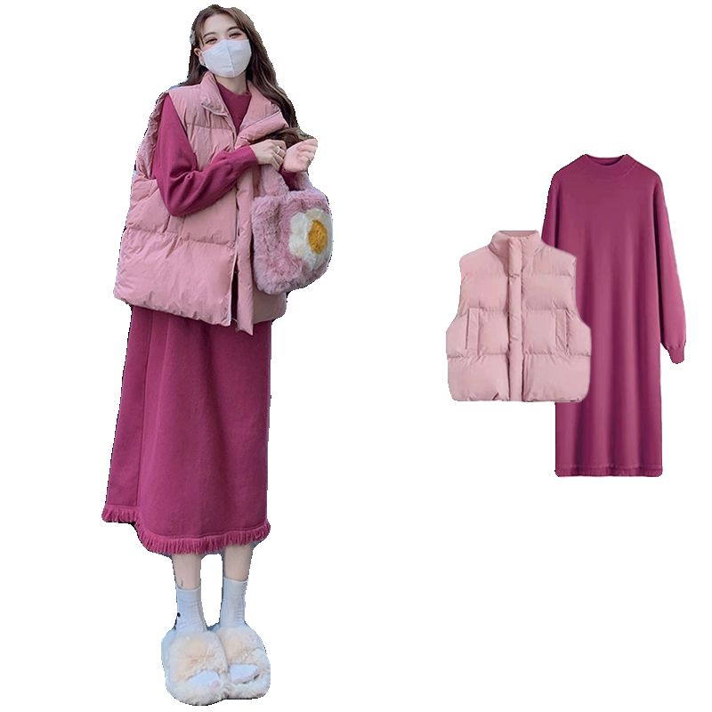 深秋冬羽绒棉马甲棉服外套女微胖加厚打底针织连衣裙显瘦两件套装