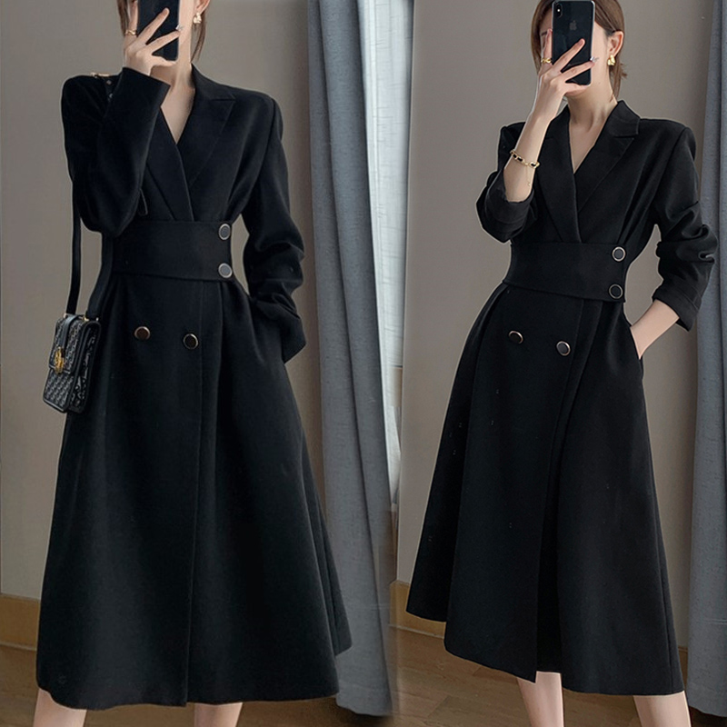 御姐轻熟风chic收腰双排扣v领长款风衣外套