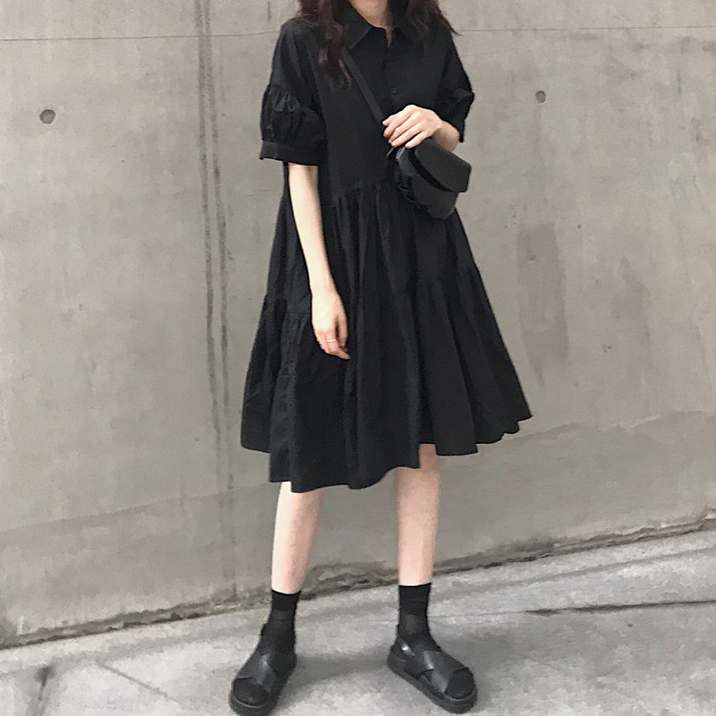 大码微胖mm宽松遮肚子显瘦连衣裙夏季女装法式复古赫本风小黑裙潮