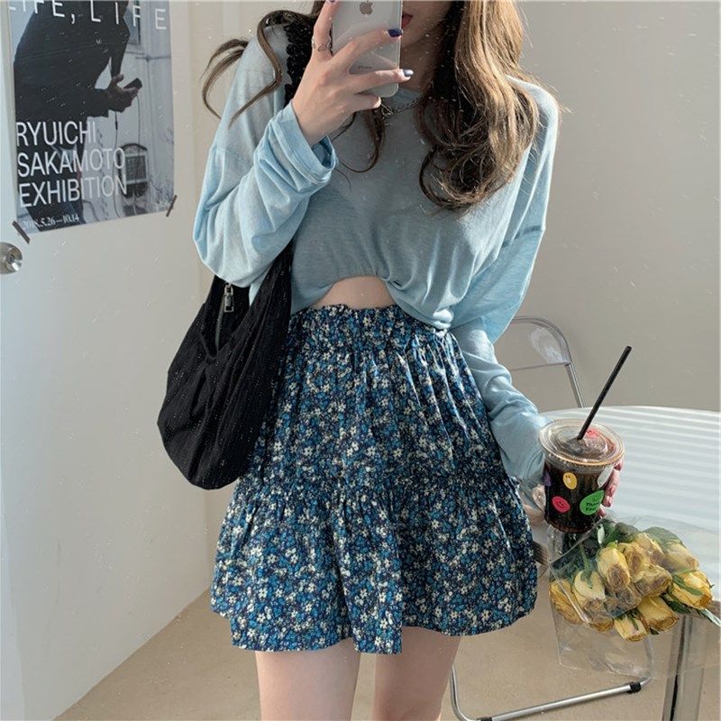 大码胖mm时尚心机套装长袖防晒上衣女复古碎花半身裙洋气两件套夏