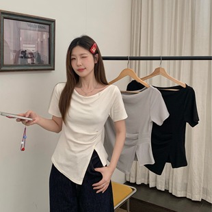 大码 微胖mm高级感短袖 T恤女夏季 不规则收腰遮肚显瘦上衣百搭小衫