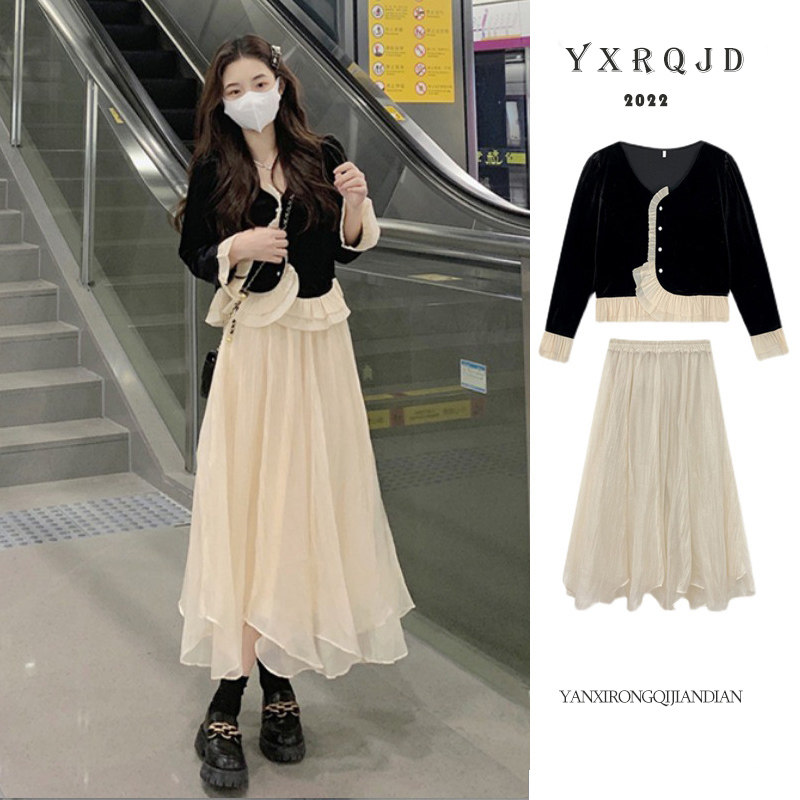 早春女装小香风时尚气质两件套大码胖mm法式赫本丝绒衬衫连衣裙子