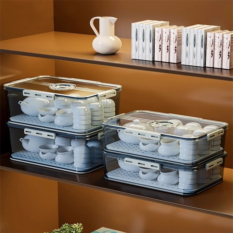 日本茶具茶杯收纳盒防尘透明放装杯子置物架功夫茶壶酒杯带盖子整