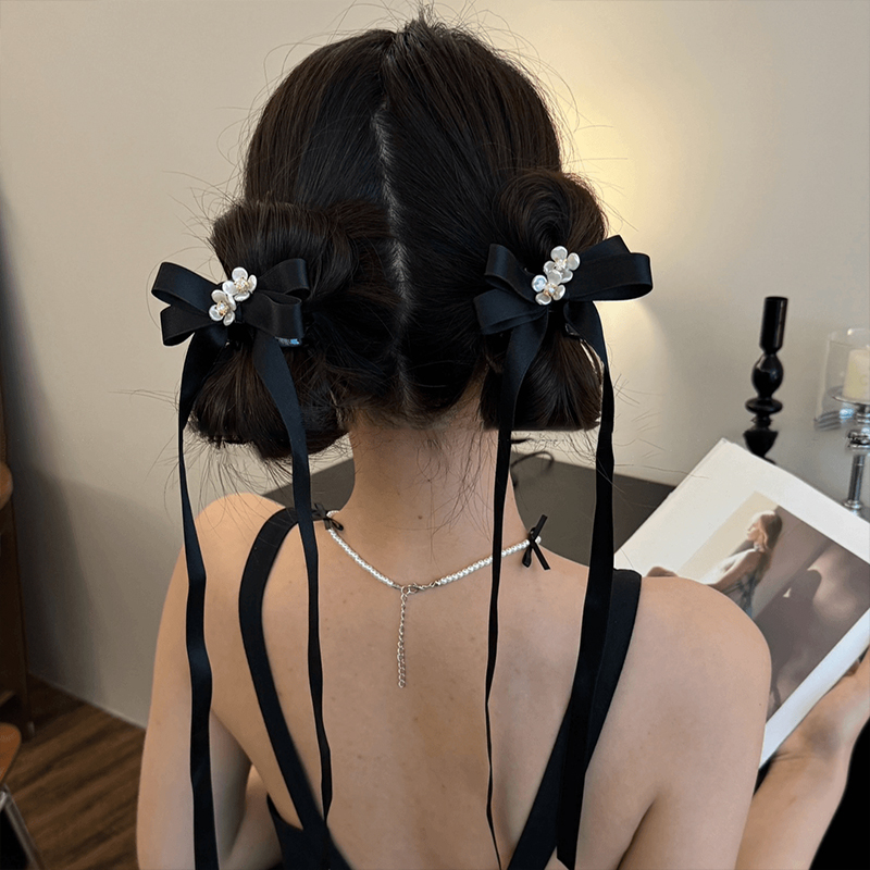 芭蕾风花朵飘带抓夹女双马尾