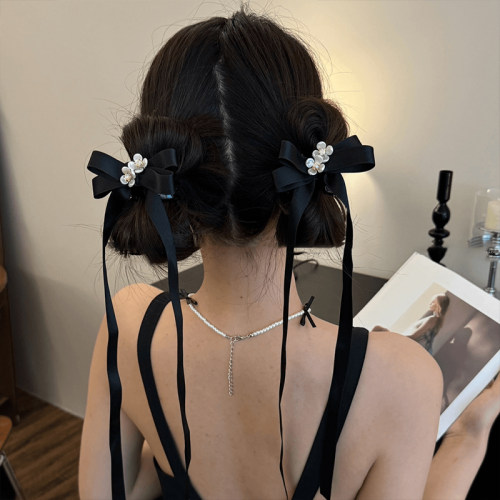 芭蕾风花朵飘带抓夹女双马尾