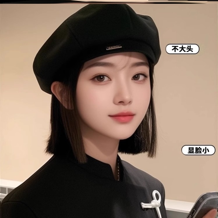 秋冬贝雷帽女日系显脸小毛呢帽子冬天女款高级感大头围韩国八角帽