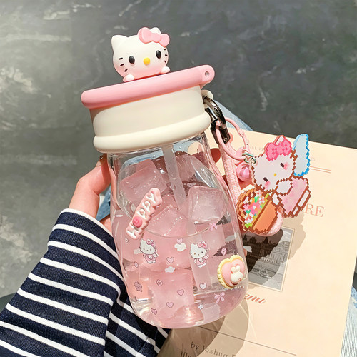 水杯女生高颜值夏天玻璃杯女学生HelloKitty拼豆挂件杯子小巧便携