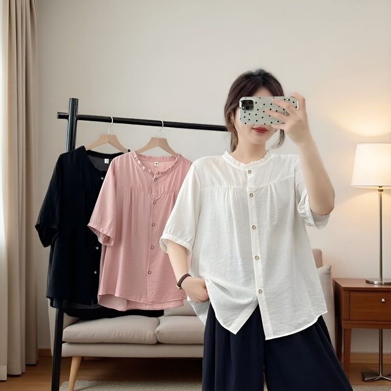 中年妈妈装夏季新款衬衫圆领