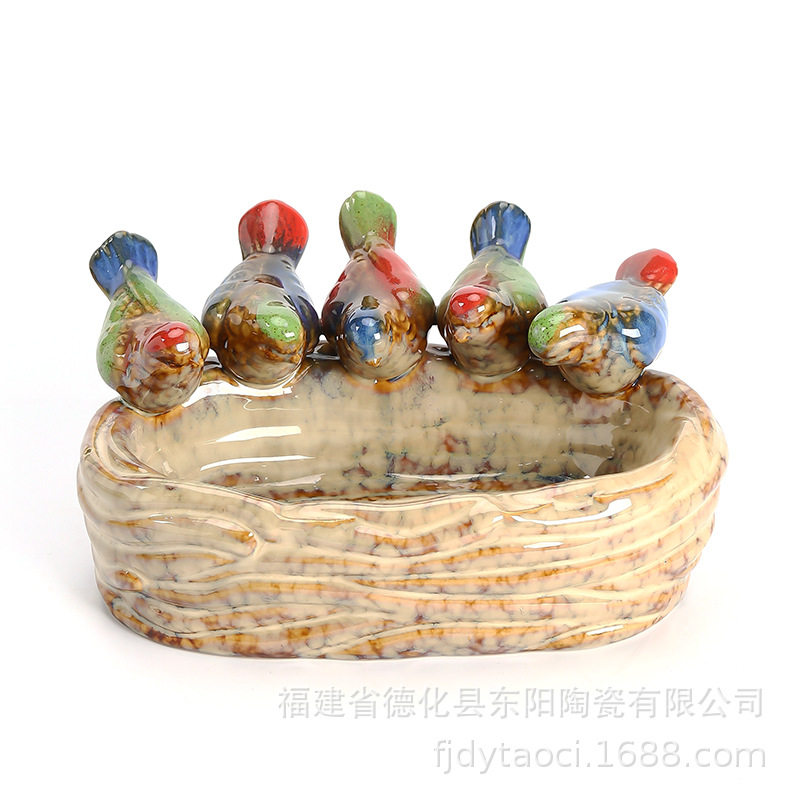 创意陶瓷工艺品果盘家用摆设瓷器摆件青瓷小鸟糖果盘水果茶盘
