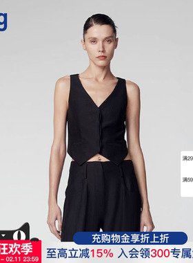 【何识HER SENSES】hug 2025新黑色V领亚麻混纺梭织马甲修身