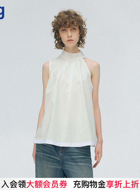 【JUNWEILIN】hug 白色立领不对称无袖挂脖上衣