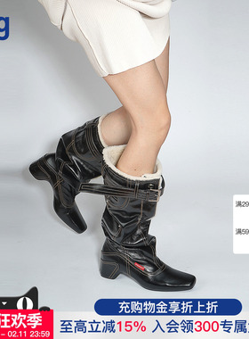 【27QUAI】hug 2025秋冬猎装系列高筒堆堆靴子女黑色长靴新