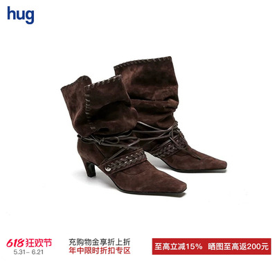 复古编织系带褶皱尖头中筒短靴子