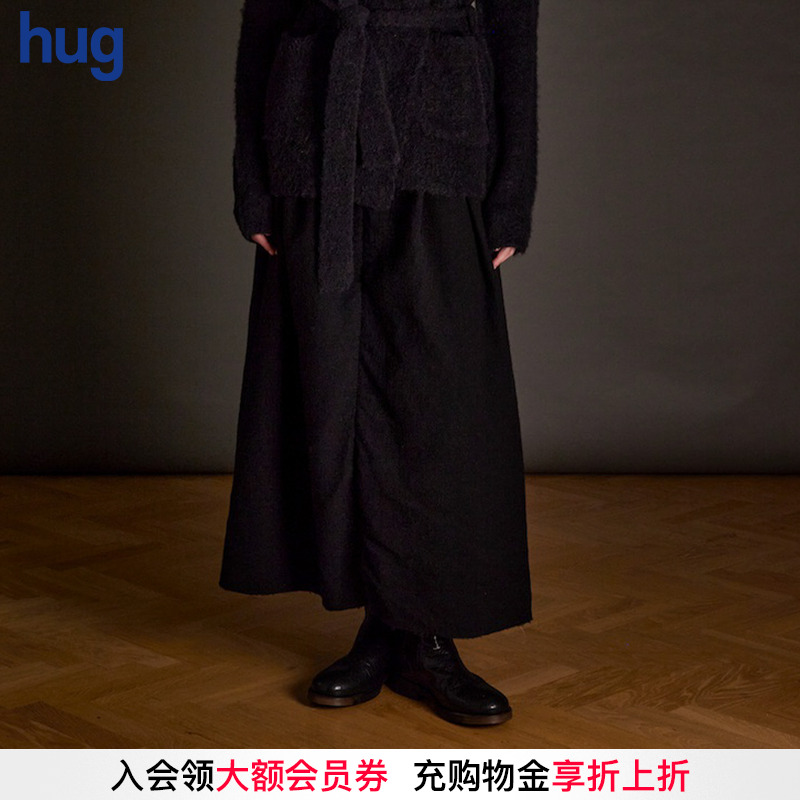 【UMAWANG】hug 2025秋冬新款复古毛边斜扣半裙