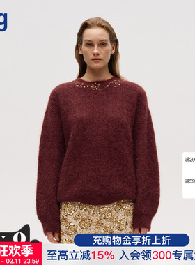 【ICE DUST】hug 2026早春新款珠片刺绣套头红色毛衣icedust