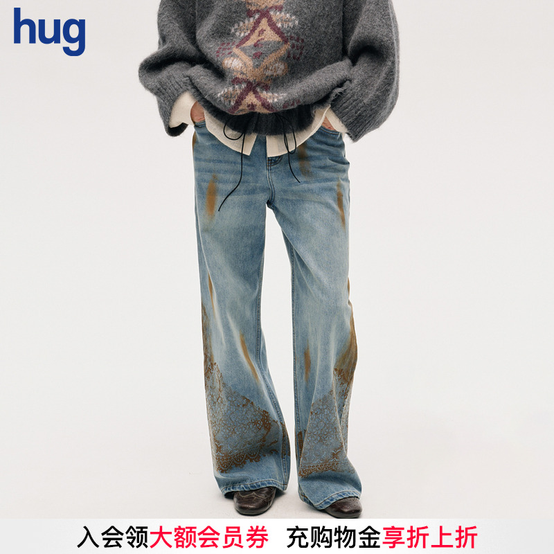 ICEDUST秋冬长裤做旧蕾丝牛仔裤