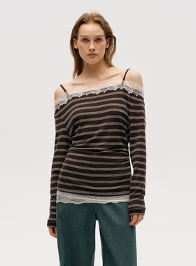 【ICE DUST】hug 2025秋冬新款蕾丝露肩长袖T恤icedust